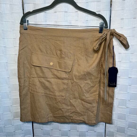 Rachel Rachel Roy Linen Blend Faux Wrap Skirt Size XL Cargo Pocket Tan Beach - Picture 4 of 10